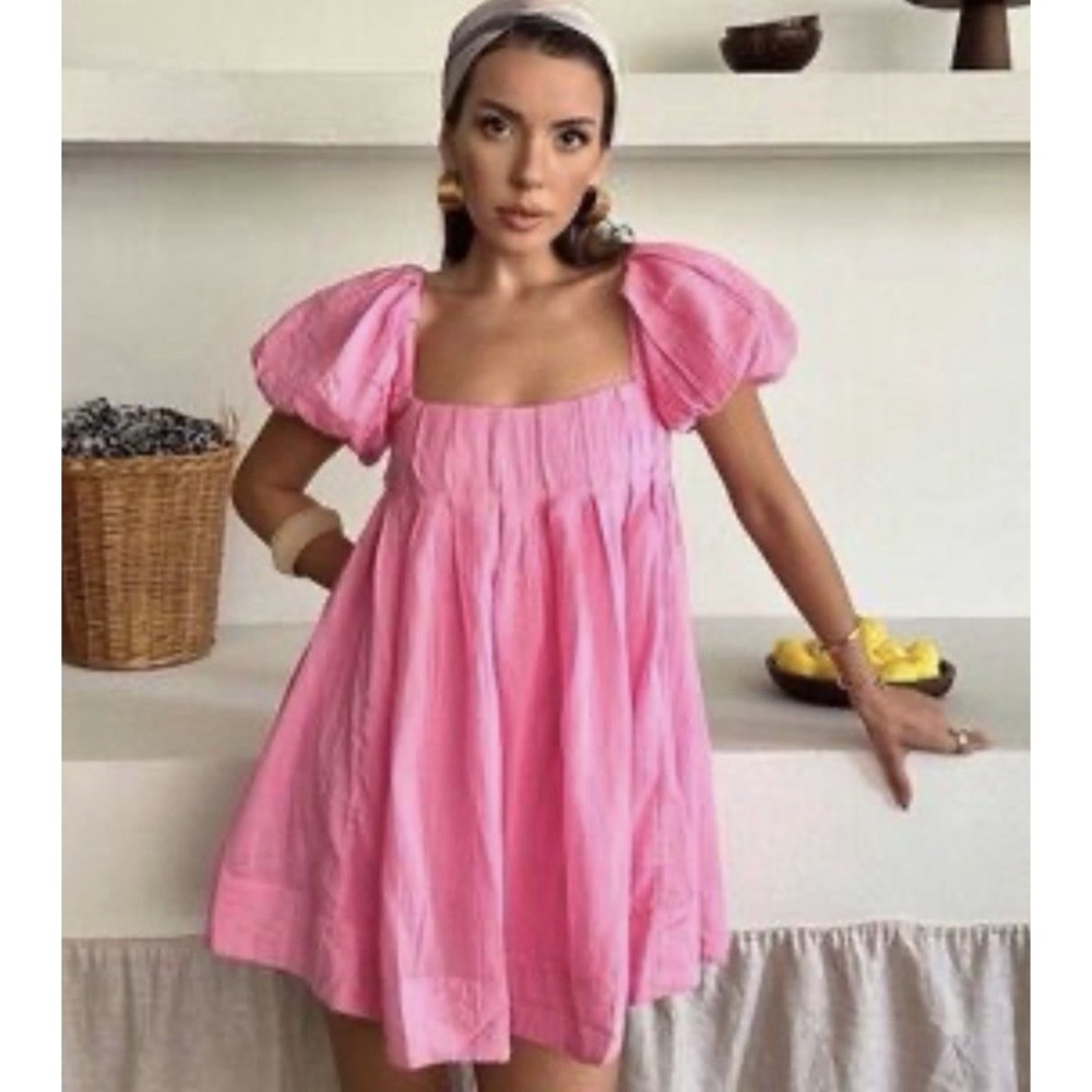 Free People Marina Mini Dress Women M Pink Puff Sleeve Open Back Cotton Coquette